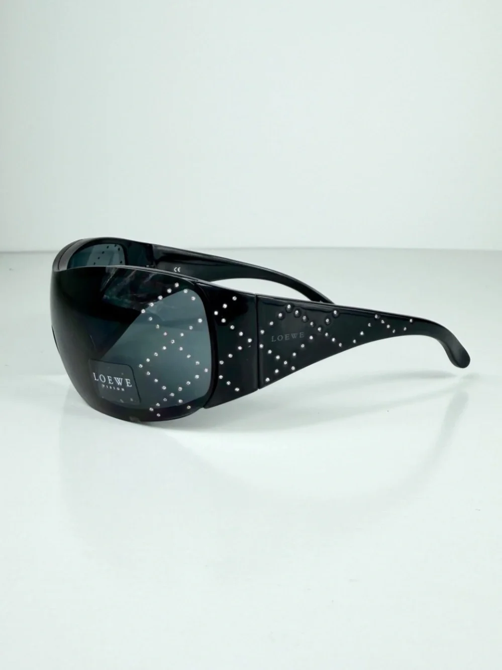 LOEWE SLW583S Z42X Crystal Anagram Shield Sunglasses Black Vtg Y2K Deadstock Set